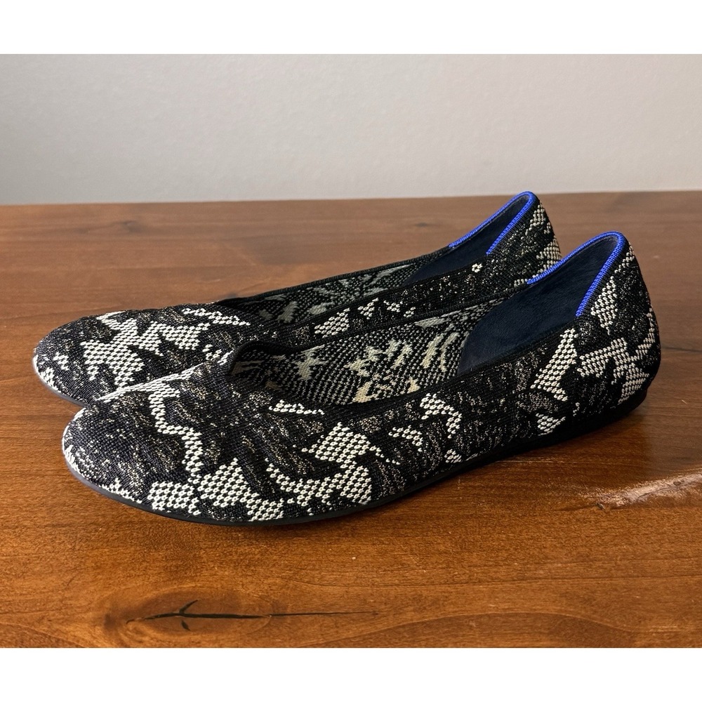 Rothy's The Flat Womens 9.5 Black Blue Chantilly Washable Slip On Shoes Comfort
